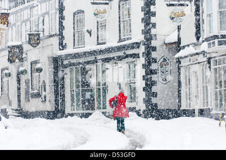 Llangollen, UK. Il 23 marzo 2013. La neve è stata la caduta di tutta la notte e la città è tagliata fuori dalla strada fatta eccezione per i veicoli a trazione integrale. Vi è stato un guasto di alimentazione nelle prime ore e tutta la città è senza elettricità. Antenne per telefonia mobile sono anche fuori dell'azione, le persone utilizzano il BT scatole di chiamata. Circa la metà di un metro di neve è scesa dall'inizio il venerdì mattina. Photo credit: Graham M. Lawrence. Alamy Live News. Foto Stock