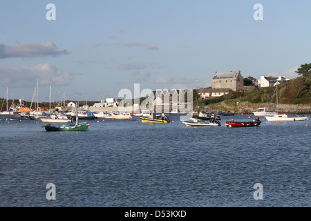 Barche ormeggiate a Baltimore County Cork in Irlanda con il castello di Baltimora in background Foto Stock