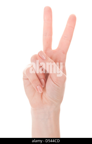 Donna di mano con una varietà di gesti su sfondo bianco Foto Stock