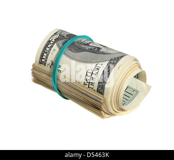 Banca rotolo di centinaia di fatture del dollaro - Isolato su bianco Foto Stock
