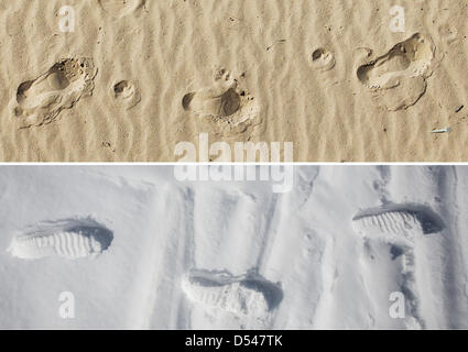 COMBO - Un due-parte immagine composita mostra orme nella sabbia, raffigurata sul 24 marzo 2012, e in presenza di neve, raffigurato un anno più tardi a Strandbad Wannsee a Berlino, Germania, 24 marzo 2013. La primavera è ancora wintery quest'anno. Foto: Annibale Foto Stock