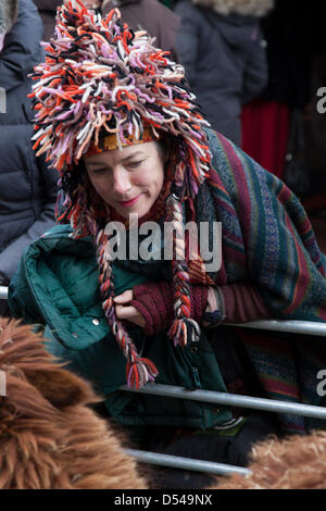 Ramsbottom, Lancashire, Regno Unito domenica 24 marzo, 2013. Visitatore in cappellino ammirando gli alpaca al quinto annuale Sagra del Cioccolato, tenutasi in Bridge Street, Ramsbottom, lo scorso anno vincitore del Manchester Tourism Awards 2012 "Il miglior piccolo evento." Una due giorni di mercato del cioccolato con pasti al fresco, birra tenda, bambini sessioni di artigianato e un mini fattoria. Foto Stock