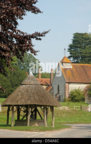 La Chiesa di San Pietro ( tredicesimo secolo) e dal tetto in paglia e testa. Oriente Marden, West Sussex. Foto Stock