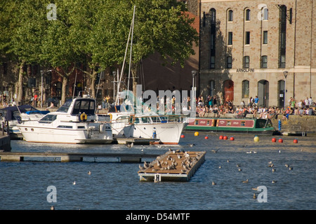 Porto di Bristol, le persone, le barche e gli uccelli di fronte Arnolfini, Bristol, Inghilterra, Regno Unito Foto Stock