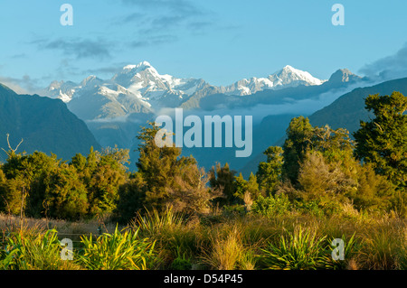 Mts Tasman e cuocere dal lago Matheson, Alpi del Sud Foto Stock