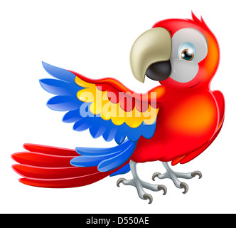 Illustrazione di un felice red cartoon macaw pappagallo rivolto con la sua ala Foto Stock