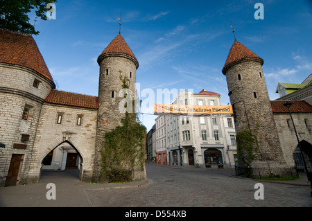 Le torri gemelle di Viru Gates, costruite nel 13th secolo, fanno parte delle mura circostanti della città vecchia. E' uno dei principali ingressi alla Vecchia Tallinn Foto Stock