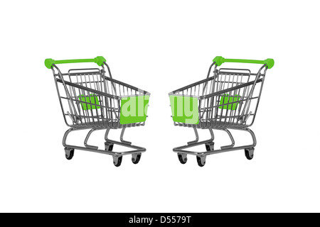 Due carrelli di shopping osservando isolato su bianco Foto Stock