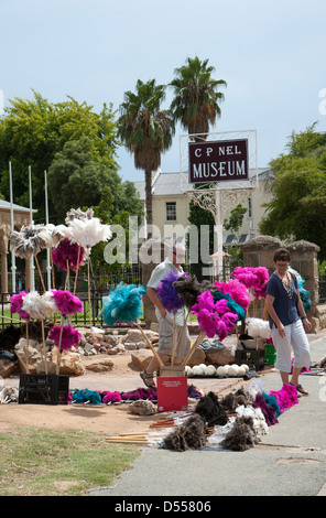 Piume di struzzo venditore al di fuori della C P nel Museo di Oudtshoorn Sud Africa Foto Stock