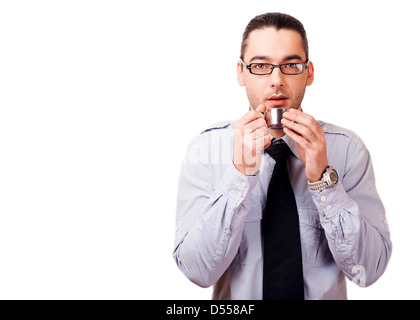 Imprenditore bevendo una tazza di caffè Foto Stock
