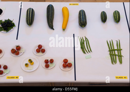 Ampia varietà di frutta fresca e verdura voci visualizzate nella tabella, in concorso al giardinieri' Show - Burley in Wharfedale, West Yorkshire, Inghilterra, Regno Unito. Foto Stock