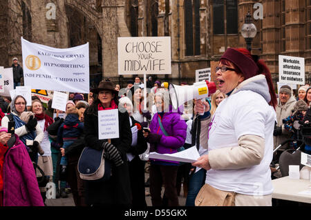 Londra, Regno Unito. Xxv Marzo 2013. La levatrice indipendente parla di una folla di persone al di fuori del Parlamento a una protesta e la lobby di parlamentari contro la legislazione che renderà impossibile per levatrici indipendenti per lavorare. Credito: David Isaacson/Alamy Live News Foto Stock