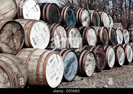 Whisky di barili memorizzato nella Ben Nevis distillery magazzino allineati e impilati Foto Stock