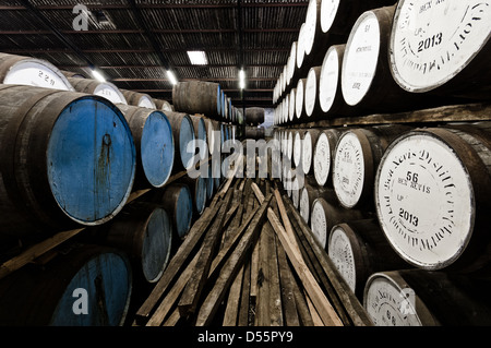 Whisky di barili memorizzato nella Ben Nevis distillery magazzino allineati e impilati Foto Stock