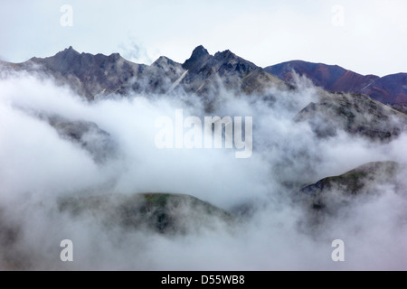 Nuvole basse, la foschia e la nebbia oscurano parzialmente l'Alaska Range, Parco Nazionale di Denali, Alaska, STATI UNITI D'AMERICA Foto Stock