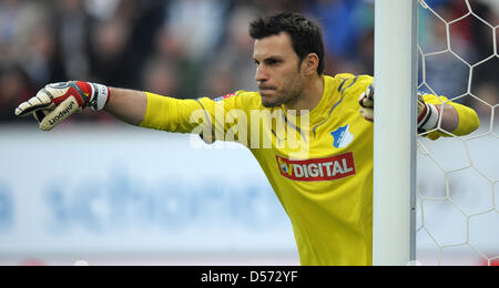 Hoffenheim il portiere Daniel Haas mostrato durante il match della Bundesliga 1899 TSG Hoffenheim vs 1. FC Colonia a Rhein-Neckar-stadium di Sinsheim, Germania, 10 aprile 2010. Colonia Hoffenheim sconfitto 2-0. Foto: Ronald Wittek Foto Stock