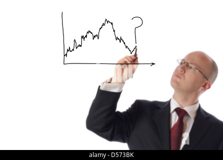 Imprenditore disegno su spazio copia del mercato azionario grafico isolato su bianco Foto Stock