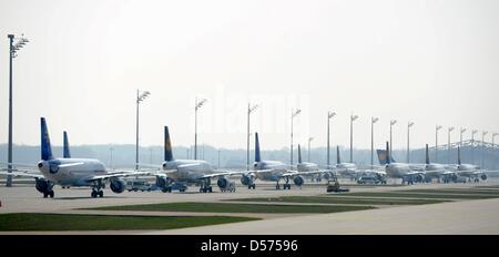 Piani di parcheggio all'aeroporto di Monaco di Baviera, Germania, il 17 aprile 2010. Ceneri vulcaniche da una eruzione in Islanda continuano ad influenzare il traffico aereo. Spazio aereo di Germania saranno chiusi almeno fino a Domenica, 18 aprile 2010. Foto: TOBIAS HASE Foto Stock