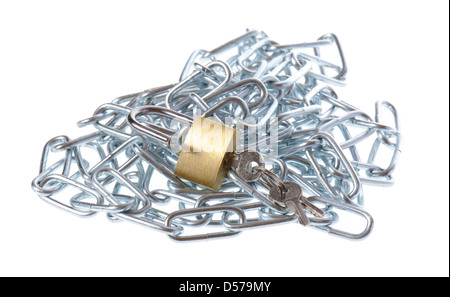 Catena di sicurezza e il lucchetto su sfondo bianco Foto Stock