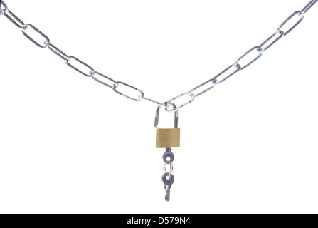 Catena di sicurezza e il lucchetto su sfondo bianco Foto Stock