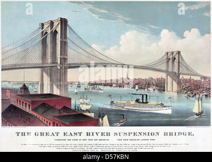 Ponte di Brooklyn, New York in un 1883 stampare da Currier e Ives Foto Stock