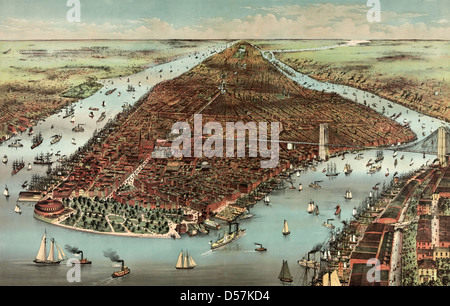 Città di New York 1883 stampare da Currier e Ives con la Equitable Life Insurance edificio evidenziato e il Ponte di Brooklyn a destra Foto Stock