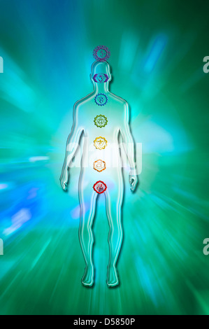 Sette simboli Chakras e figura di silhouette maschile Foto Stock