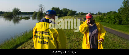 Artur Thieme (L) e Horst Kimmritz del dicco patrol controllare la diga sulle rive del fiume Oder vicino a Lebus, Germania, 29 maggio 2010. I livelli di acqua erano stabili al momento. Foto: Patrick Pleul Foto Stock