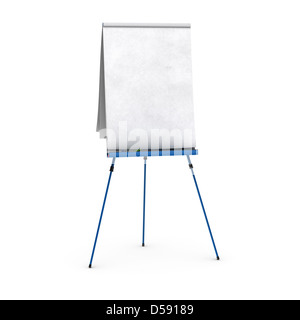 Lavagna a fogli mobili in bianco su sfondo bianco vista del lato anteriore, con il rosso, il blu e il verde penne, piccole ombre nella parte inferiore Foto Stock