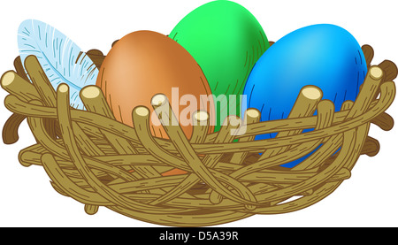 Tre uova colorate giacciono in un nido di illustrazione di Pasqua Foto Stock
