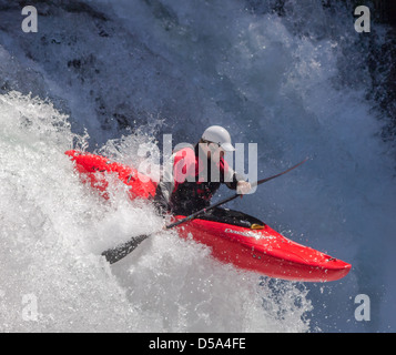 Foto di stock di kayaker sulla forcella ad est del fiume di Lewis nel sud-ovest di Washington, Stati Uniti d'America, in formato paesaggio. Foto Stock