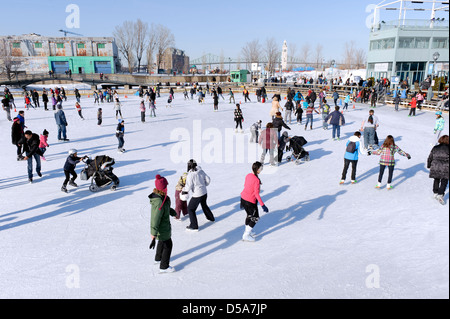 Pattinatori su congelati Bonsecours bacino, la Vecchia Montreal, provincia del Québec in Canada. Foto Stock