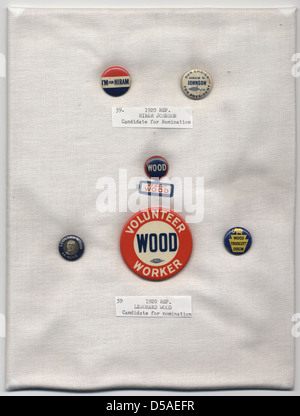 Una serie di pulsanti campagna degli anni '1920-'1940 con Hiram Johnson e Leonard Wood, figure di spicco della politica statunitense. I pulsanti sono stati utilizzati durante le loro campagne politiche e riflettono l’atmosfera politica dell’era. Foto Stock