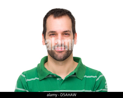 Ritratto di un giorno 3-barbuto giovane uomo sorridente che indossa un abito verde a righe Polo shirt Foto Stock