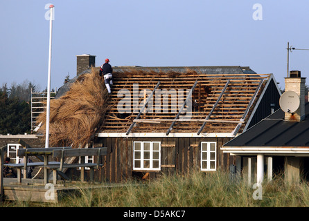 Blavand, Danimarca, una casa di paglia in Blaavand essendo ristrutturato Foto Stock