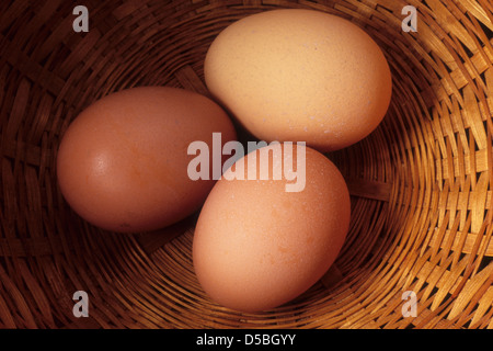 Chiudere fino in tessuto di rush cestello contenente tre uova di gallina Foto Stock