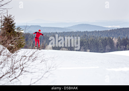 Un uomo sci di fondo nella parte anteriore del paesaggio invernale Foto Stock