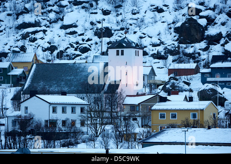 Chiesa oksfjord e village durante l'inverno la Norvegia europa Foto Stock