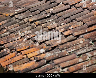 Vecchio rosso grunge spiovente rivestito di piastrelle in argilla casa superficie del tetto Foto Stock