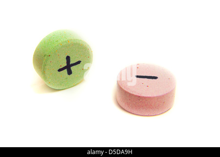Compresse con plus e segno meno isolata su bianco. Concetto di scelta. Foto Stock