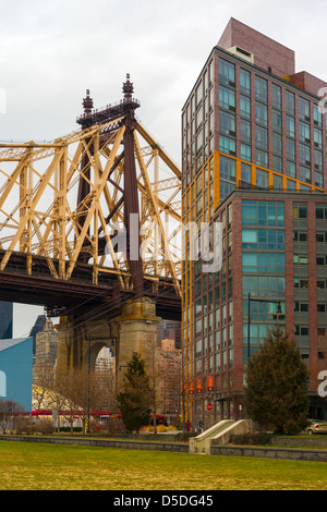 Ed Koch Queensboro Bridge (1909) attraversa l'East River tra Manhattan e Long Island City nel Queens. Da Roosevelt Island Foto Stock