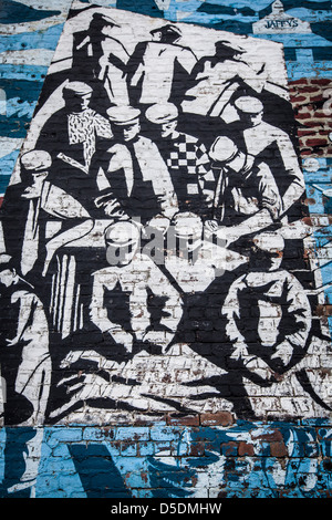 Street murale raffigurante le comunità di pescatori in Mallaig ,Scotland. Foto Stock