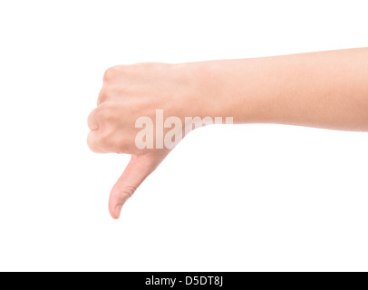 Mano femminile che mostra un pollice giù gesto. Isolato su sfondo bianco. Foto Stock