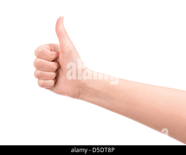 Mano femminile che mostra un pollice in alto gesto. Isolato su bianco. Foto Stock