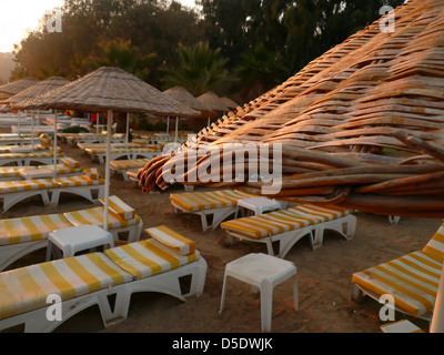 Vuoto spiaggia con ombrelloni e sedie a sdraio Foto Stock