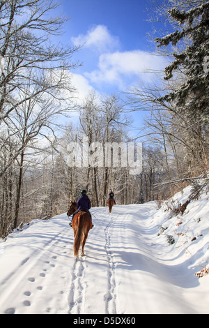 Due donne che corrono lungo nella neve fresca su un luminoso inverno mattina. Snowchoe, WV Foto Stock