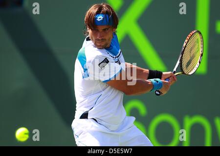 Marzo 29, 2013 - Miami, Florida, Stati Uniti - David Ferrer della Spagna in azione contro Tommy Haas della Germania durante i loro semi finale corrisponde al Sony Open a Crandon Park Tennis Center su Marzo 29, 2013 in Key Biscayne, Florida. (Credito Immagine: © Joe Scarnici/ZUMAPRESS.com) Foto Stock