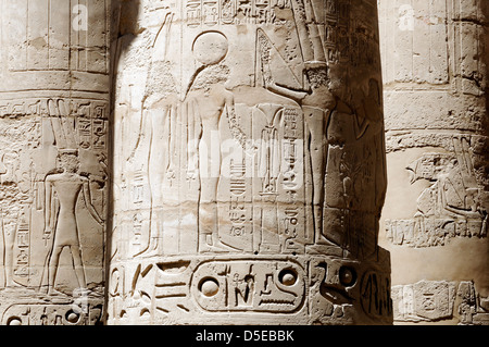 Luxor. L'Egitto. Close-up di una colonna in rilievo la grande Hypostyle Hall presso il Tempio di Amon di Karnak. Foto Stock