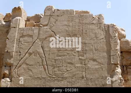 Luxor Egitto. Rilievo raffigurante Thutmosi III adorna il fronte sud del settimo pilone presso il Tempio di Amon di Karnak. Foto Stock