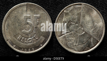 5 franchi coin, Belgio, 1986 Foto Stock